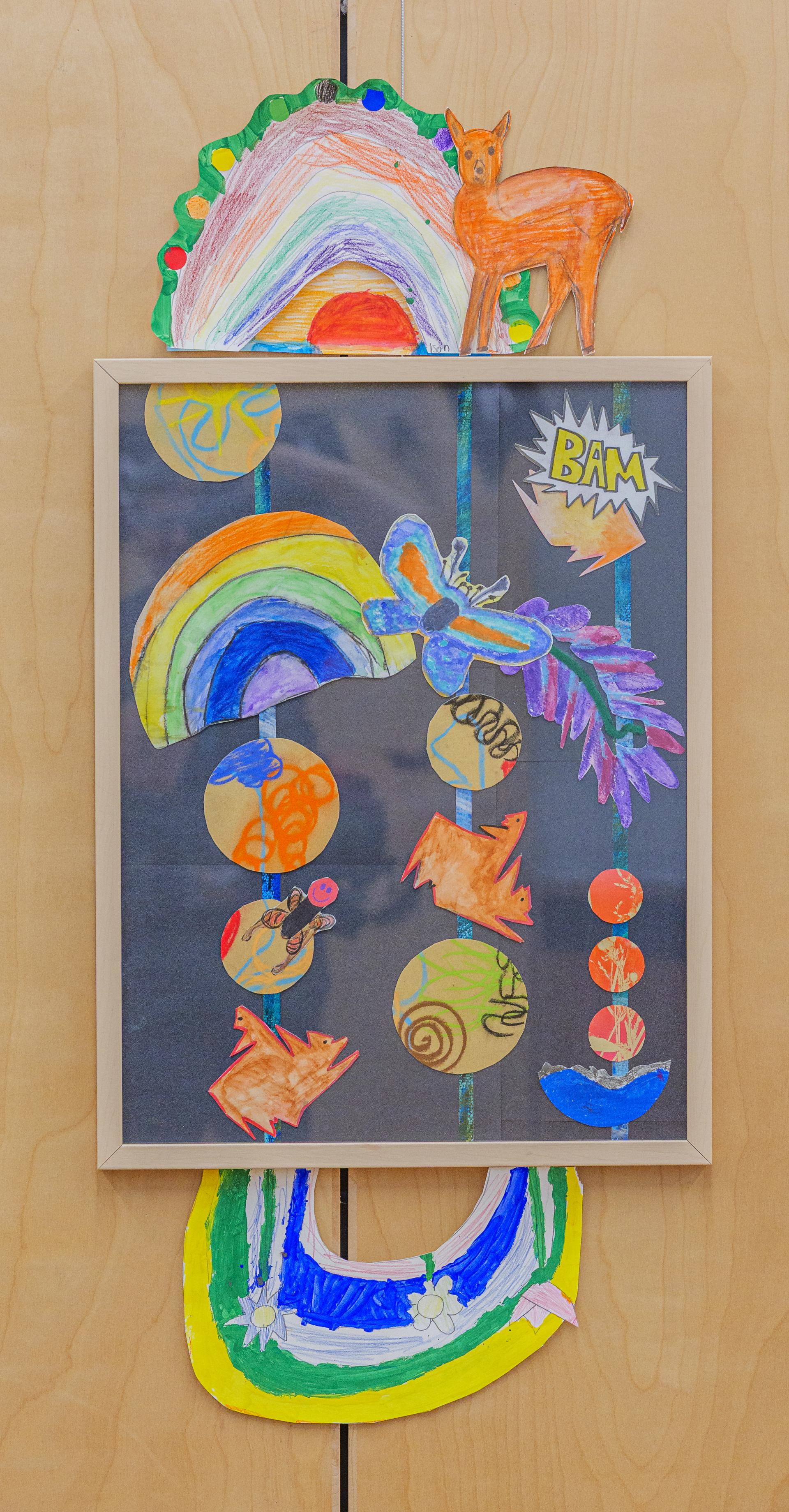 A large collage with contributions from various artists collected and arranged as part of Colleen Brown's River Weather Variable art installation.