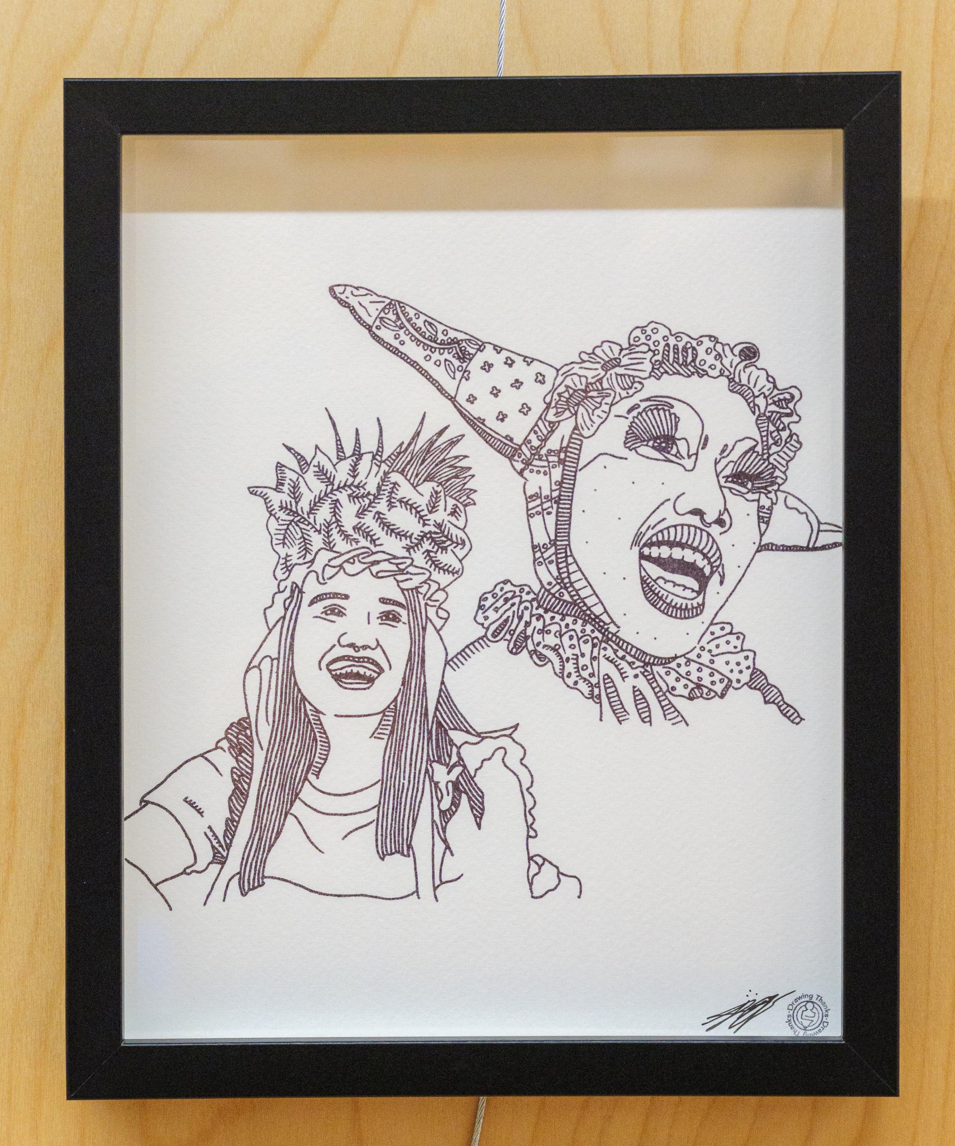 Portraits of women in black and white wearing distinct costumes as part of the Constellation installation from Alex Neff.