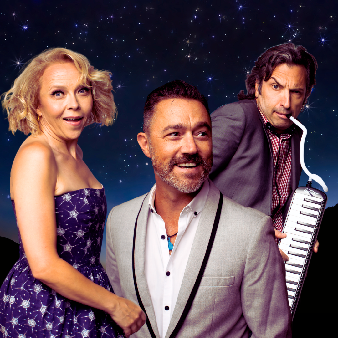 The main cast of the Comedy Department's Saturday Night Laughs stands against a starry background.