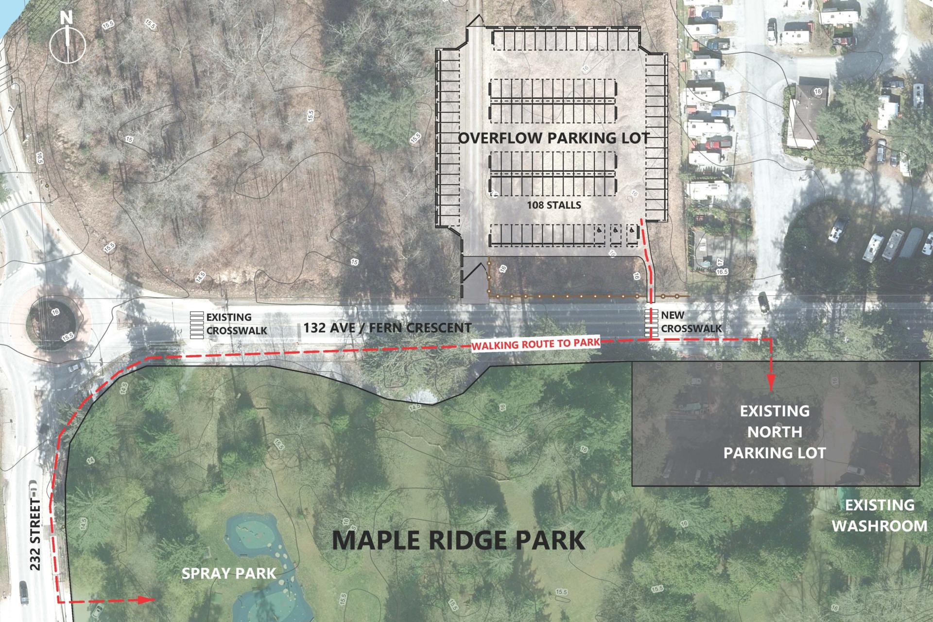 Plan showing new overflow parking in relationship to maple ridge park with pedestrian access route shown.