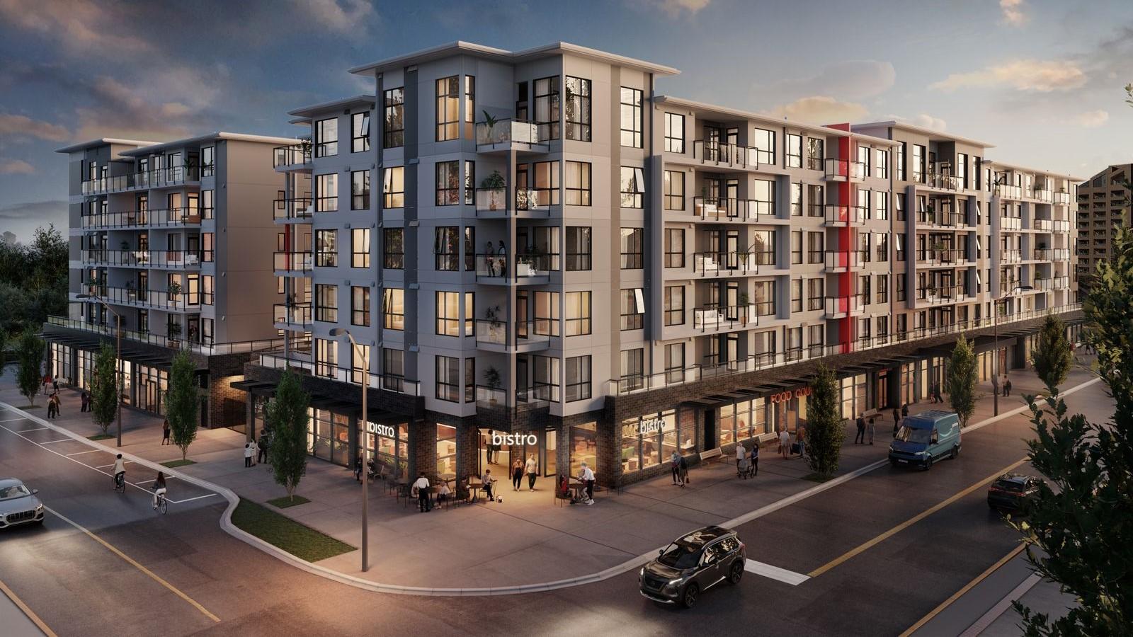 An artistic rendering of a triangular building at the corner of 223 Street and Lougheed Highway.