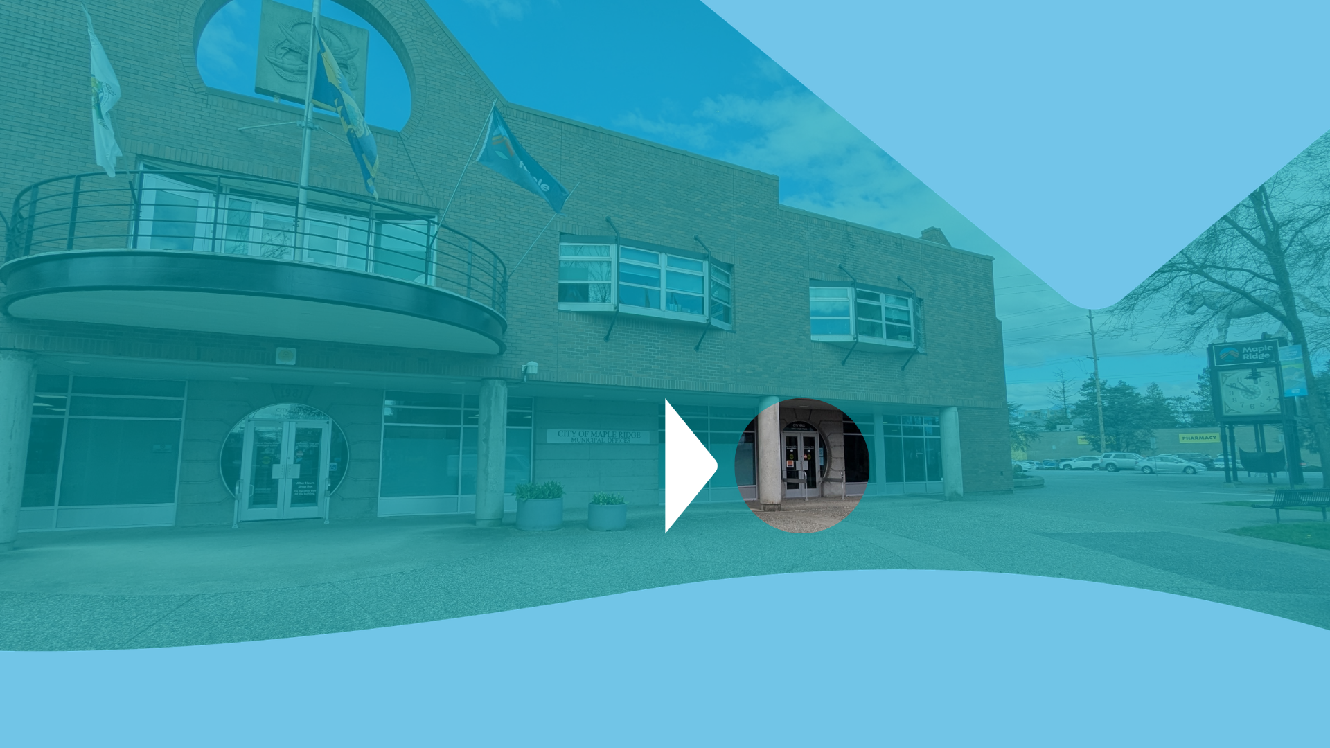Maple Ridge City Hall under a blue background, with a circular cut-out and white arrow pointing to the public Council Chamber entrance to the north of the main entrance.