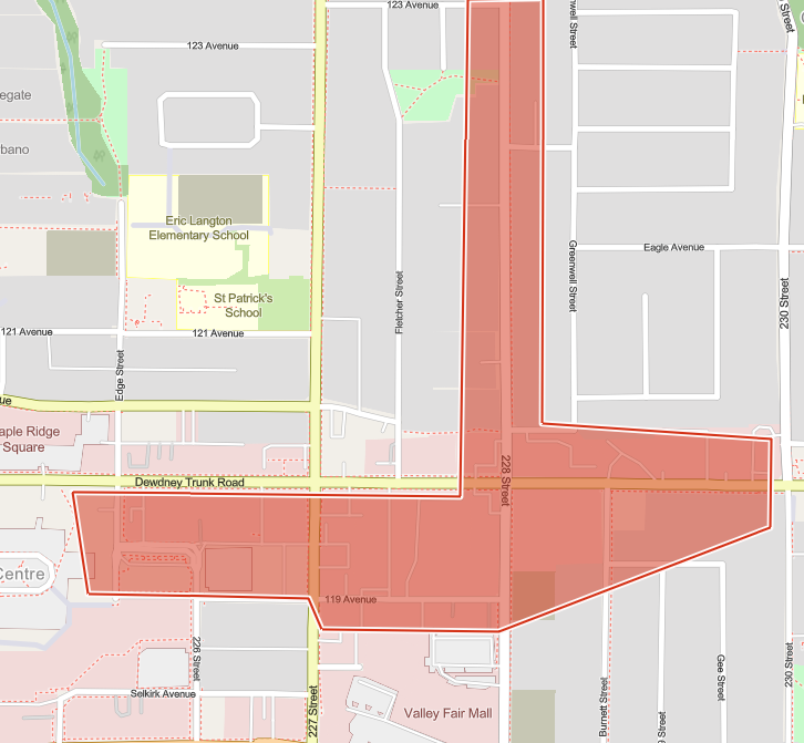 A map with areas of Dewdney Trunk Road, 228 Street, and 119 Avenue highlighted
