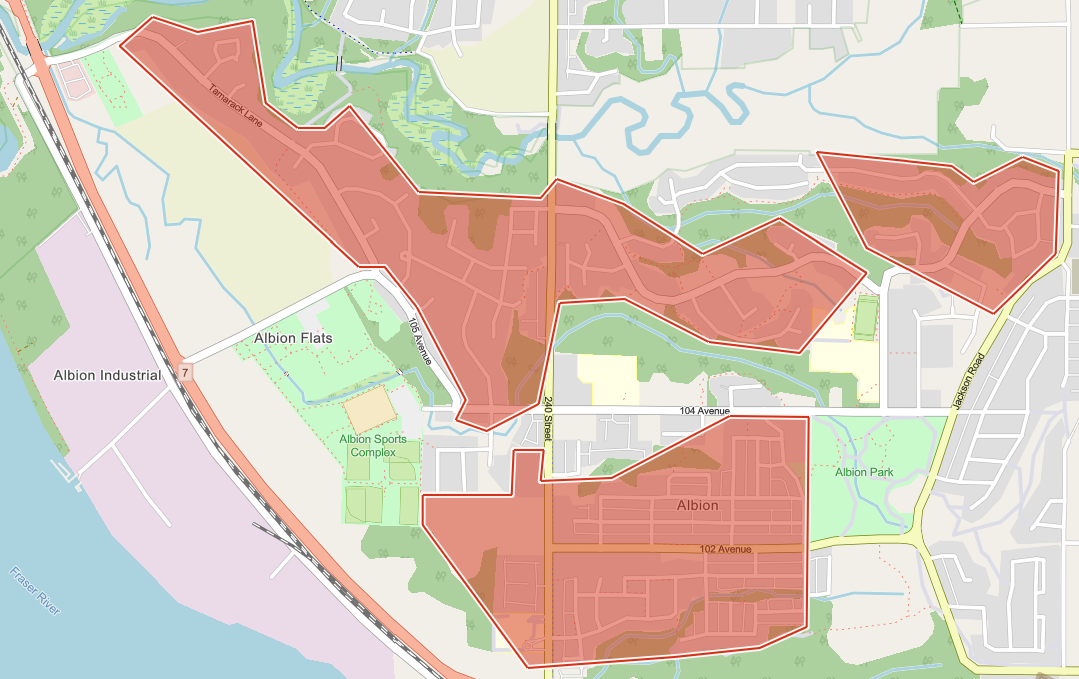 A map with three areas in Albion highlighted