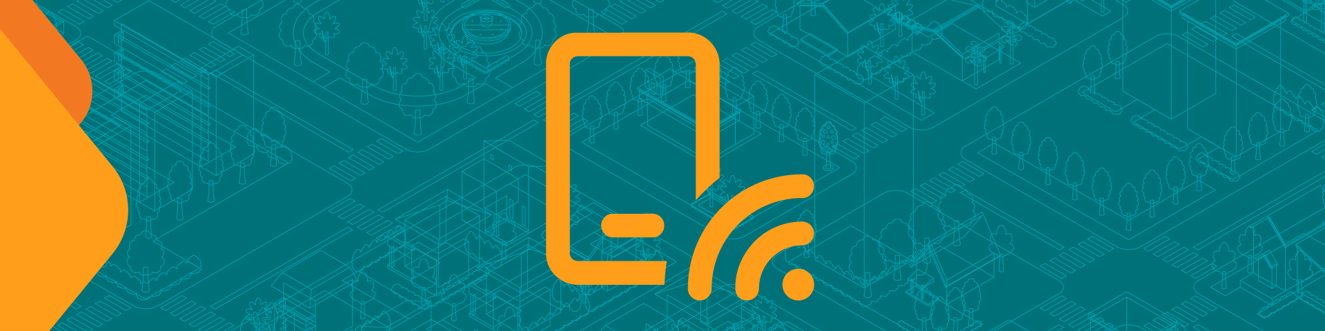 An orange icon of a phone receiving a wireless signal against a blue background.