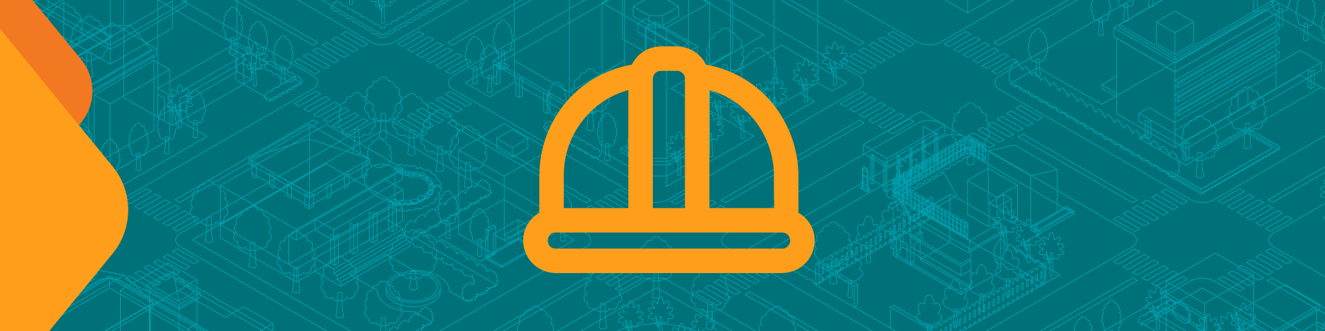 An orange icon of a hard hat against a blue background.