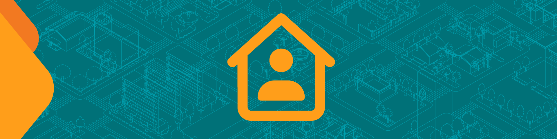 An orange icon of a person inside a house against a blue background.