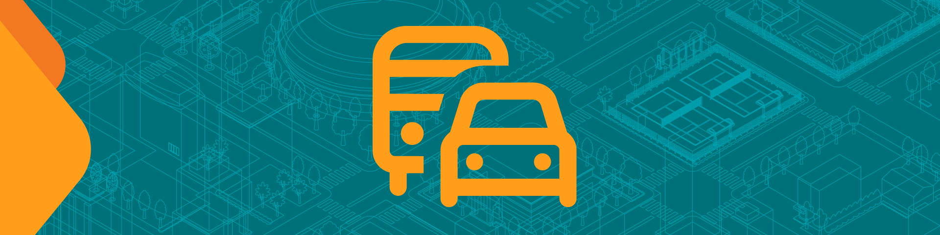 An orange icon of a car and bus from the front overlapping against a blue background.