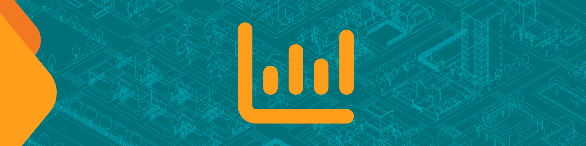 An orange icon of a bar chart against a blue background.