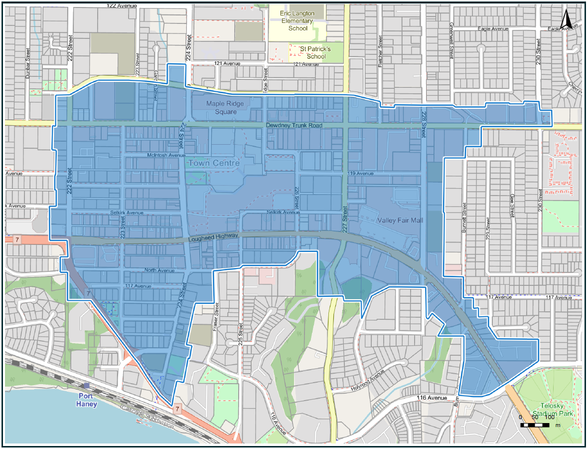 Map of Downtown Maple Ridge Business Improvement Area catchment for Bylaw 8088-2026