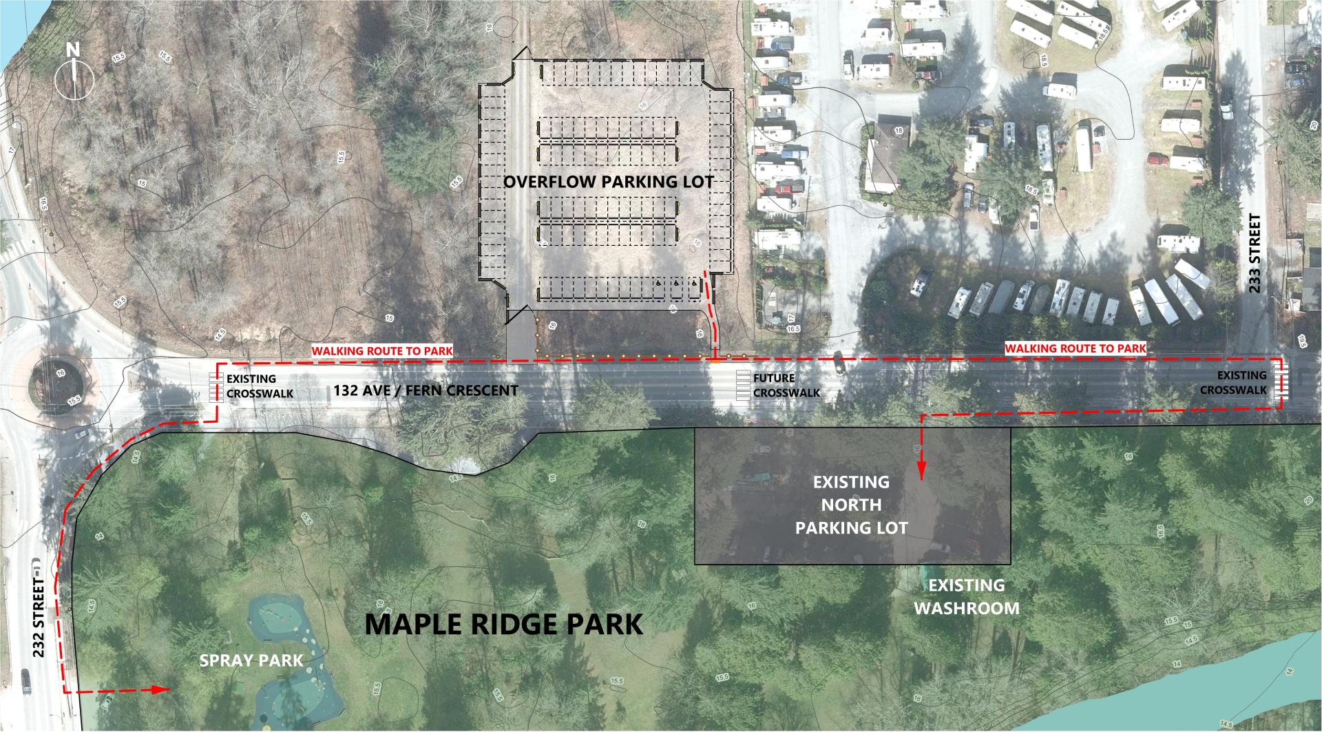 Plan showing new overflow parking in relationship to maple ridge park with pedestrian access route shown.