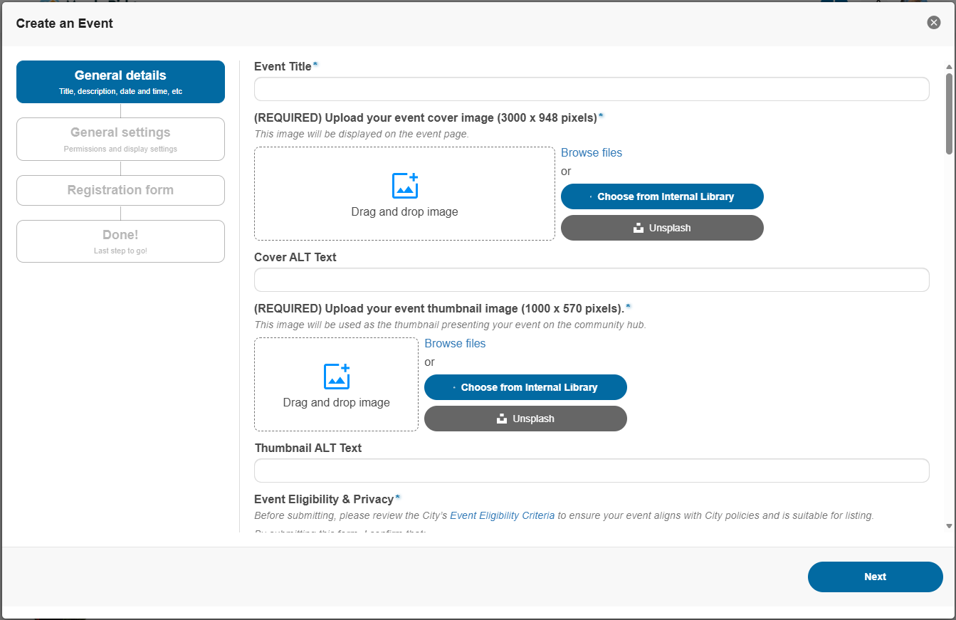A screenshot showcasing the Event form users see when submitting to the Discover Maple Ridge Hub.