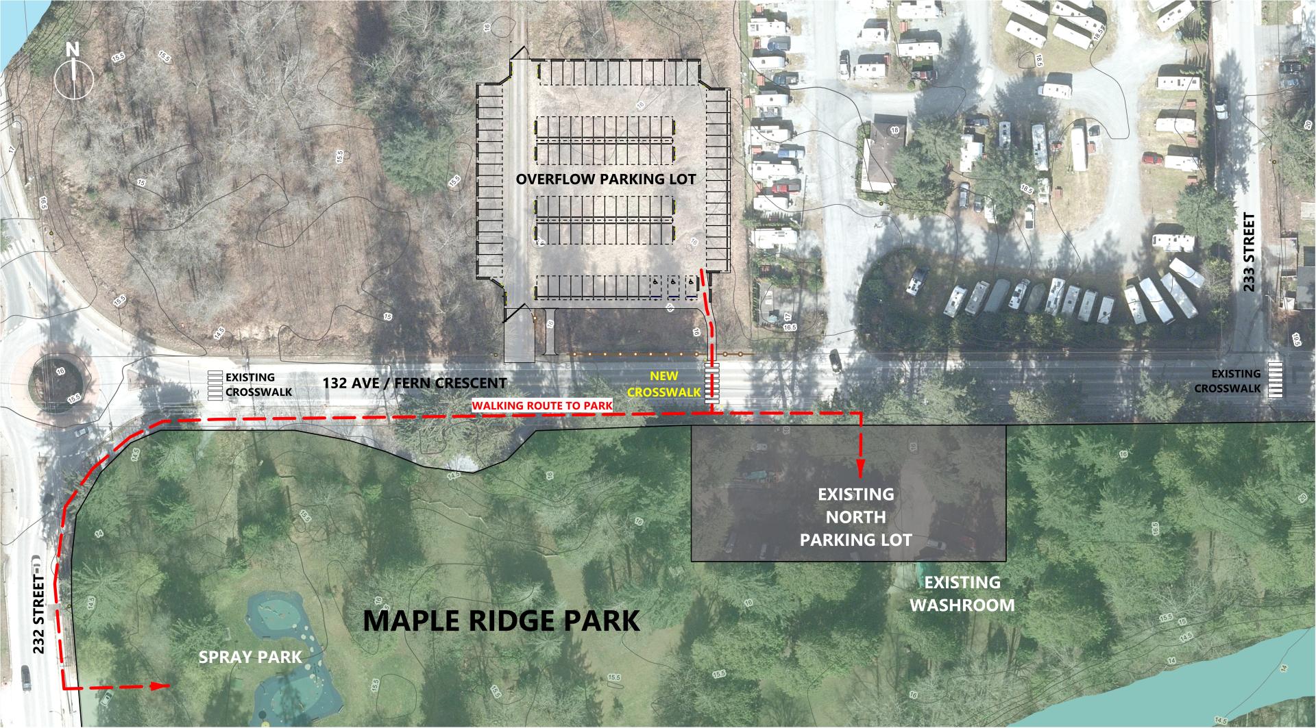 Plan showing new overflow parking in relationship to maple ridge park with pedestrian access route shown.