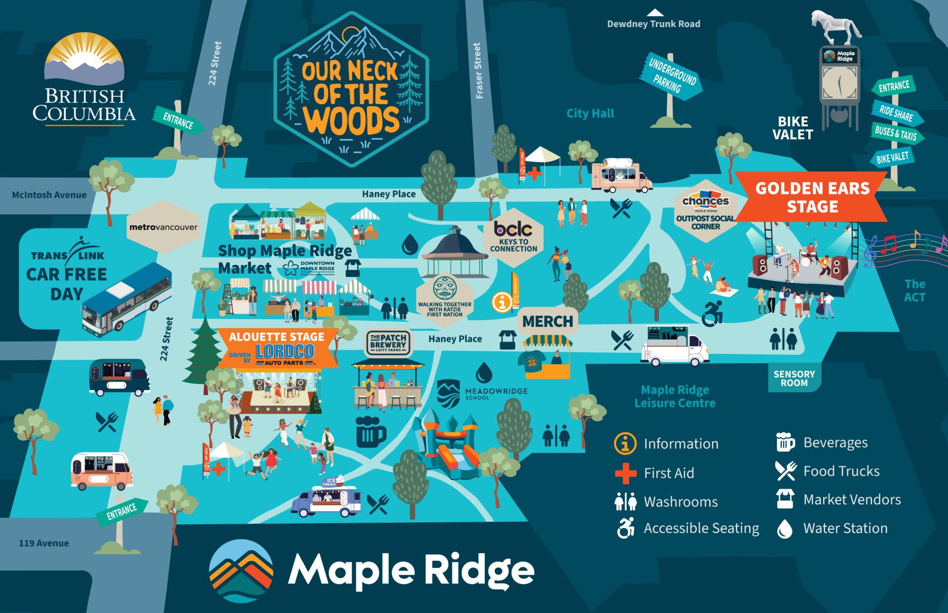 A horizontal map showing the various locations of the 2026 Our Neck of the Woods attractions at Memorial Peace Park between 224 Street and the ACT.