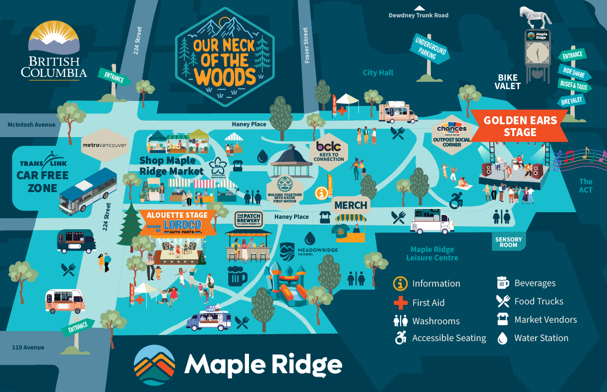 A horizontal map showing the various locations of the 2026 Our Neck of the Woods attractions at Memorial Peace Park between 224 Street and the ACT.