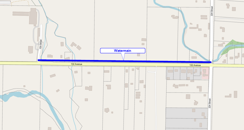 A map with a line labelled watermain along 132 Ave from 220 St to 224 St