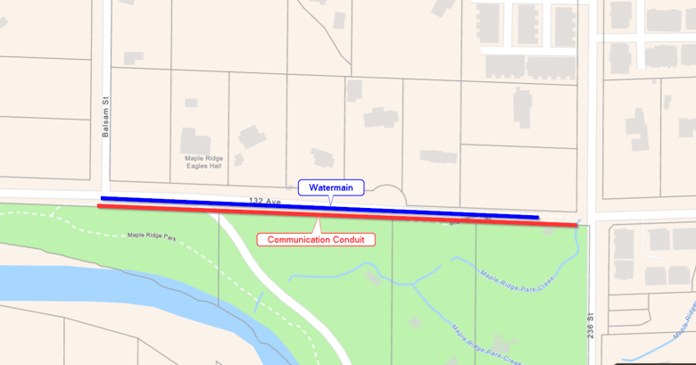 A map with two lines labelled "Watermain" and "Communication Conduit" along 132 Ave from Balsam St to 236 St
