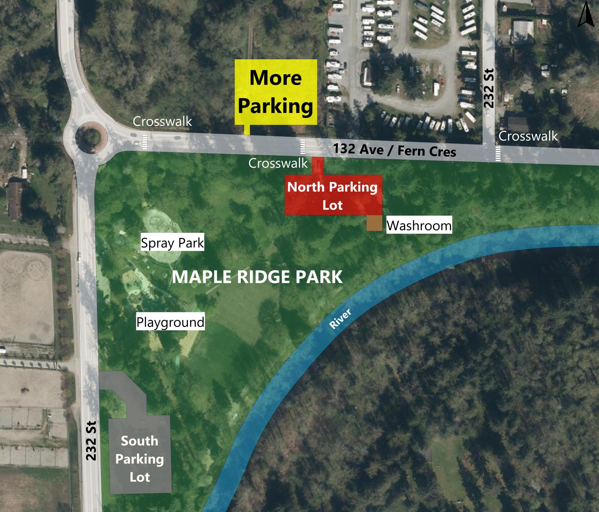 Map showing closed north parking lot and location of more parking on 132 Ave.